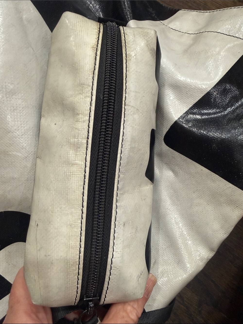 FREITAG Grey & Black Graphic Shoulder Bag with Detachable Pouch. - Picture 12 of 16